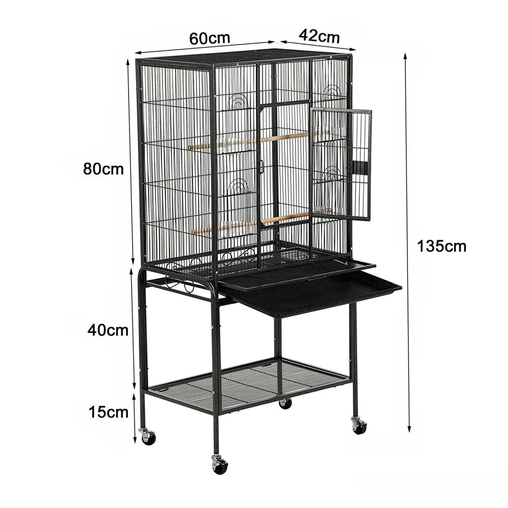 134cm Large Bird Aviary Cage | Heavy Duty Parrot Budgie Cockatoo Perch Cage with Storage Shelf