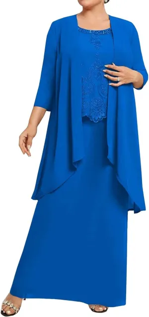 2 Pieces Mother of The Bride Dresses with Jacket 3/4 Sleeve Laces Appliques Mother of The Groom Dresses for Wedding