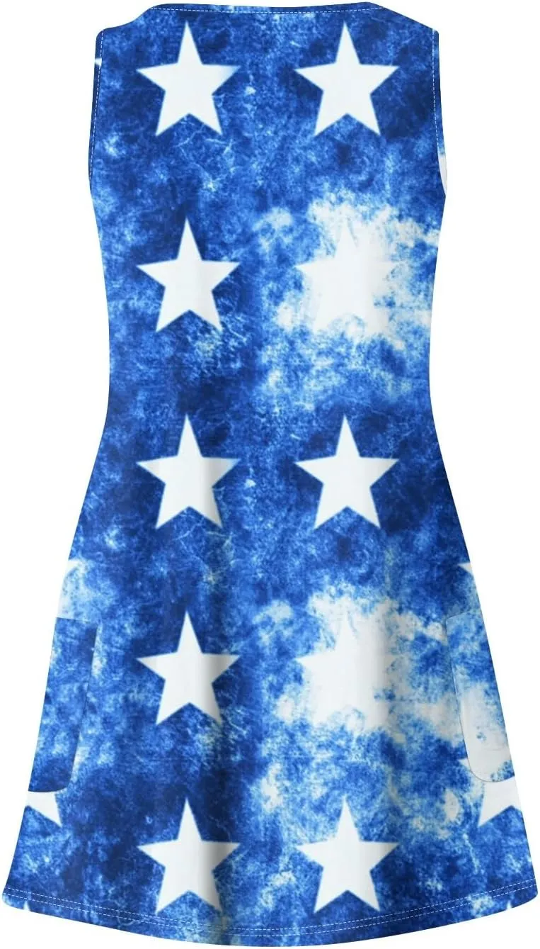 4th of July Dress Women Summer Dresses 2025 Casual Sleeveless V Neck Red White Blue Tank Loose Sundress Pocket
