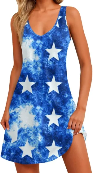 4th of July Dress Women Summer Dresses 2025 Casual Sleeveless V Neck Red White Blue Tank Loose Sundress Pocket