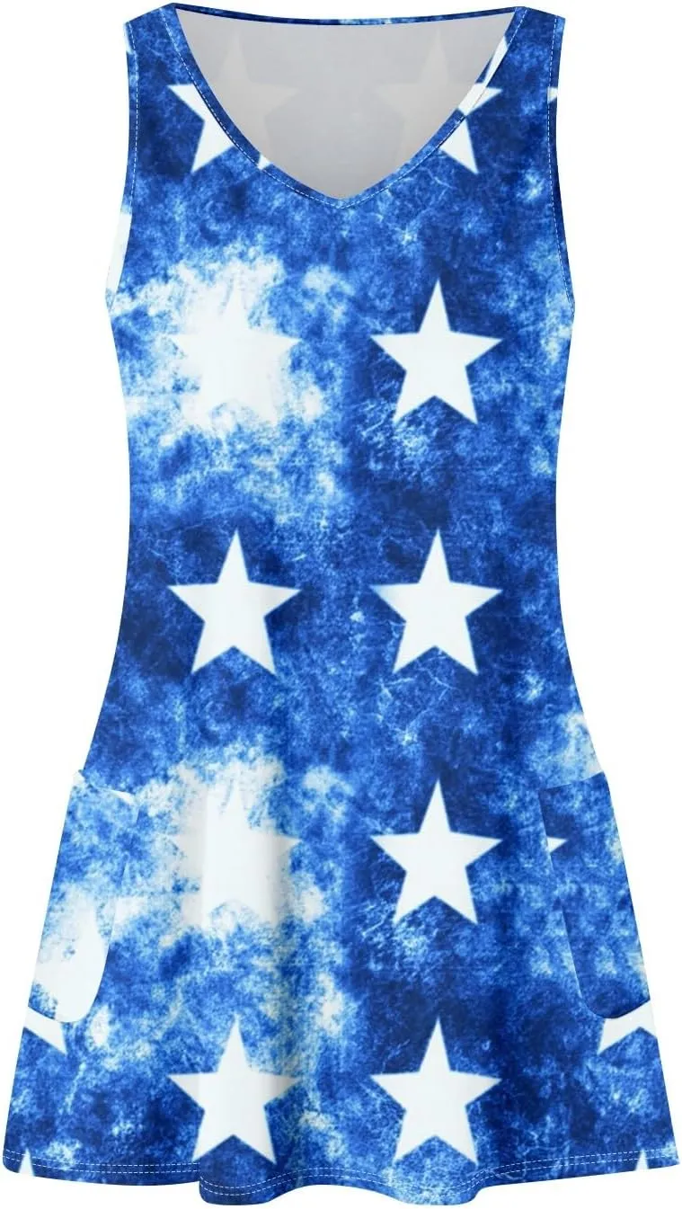 4th of July Dress Women Summer Dresses 2025 Casual Sleeveless V Neck Red White Blue Tank Loose Sundress Pocket