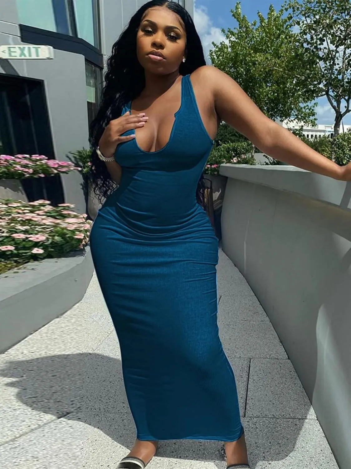 Adogirl Women's Sexy Summer Casual Slit Scoop Neck Ottoman Rib Club Beach Basic Long Bodycon Maxi Tank Dress Sun Dresses