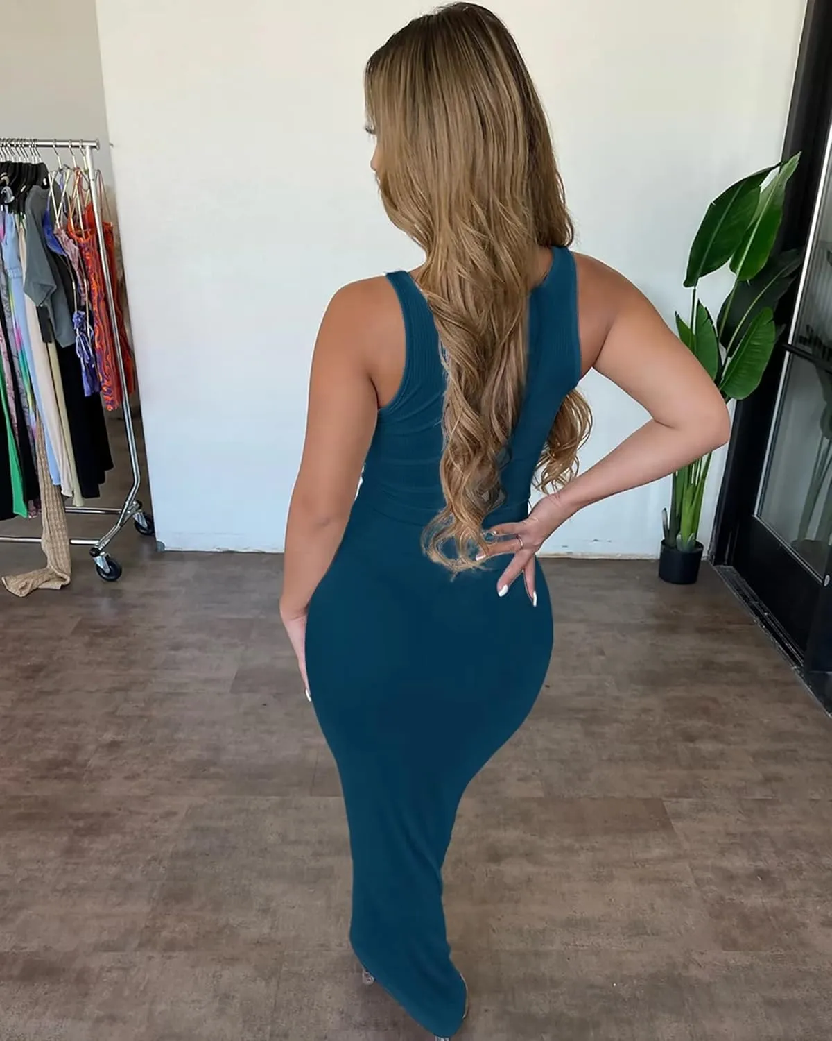 Adogirl Women's Sexy Summer Casual Slit Scoop Neck Ottoman Rib Club Beach Basic Long Bodycon Maxi Tank Dress Sun Dresses