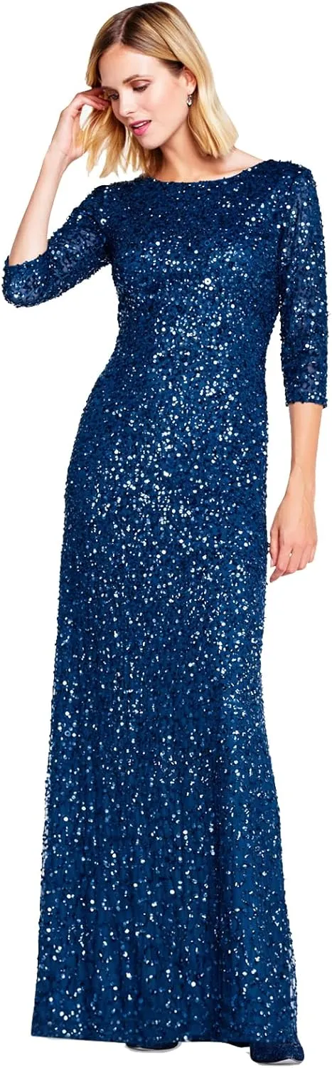 Adrianna Papell Women's 3/4 Sleeve Scoop Back Beaded Gown