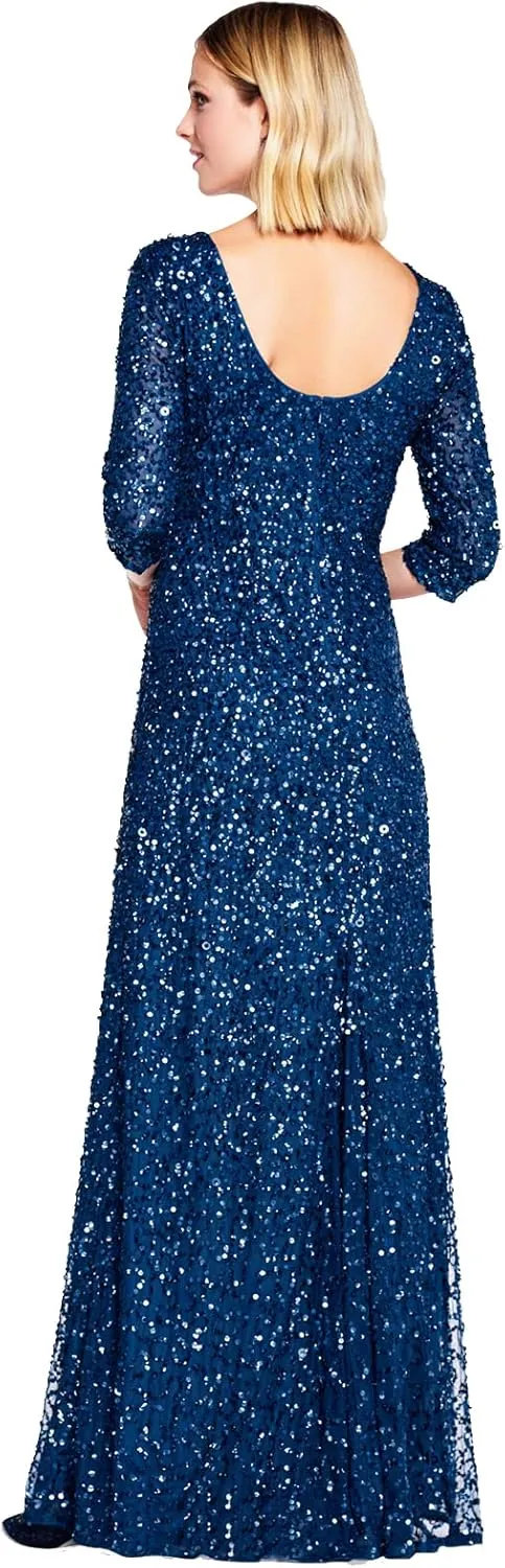 Adrianna Papell Women's 3/4 Sleeve Scoop Back Beaded Gown