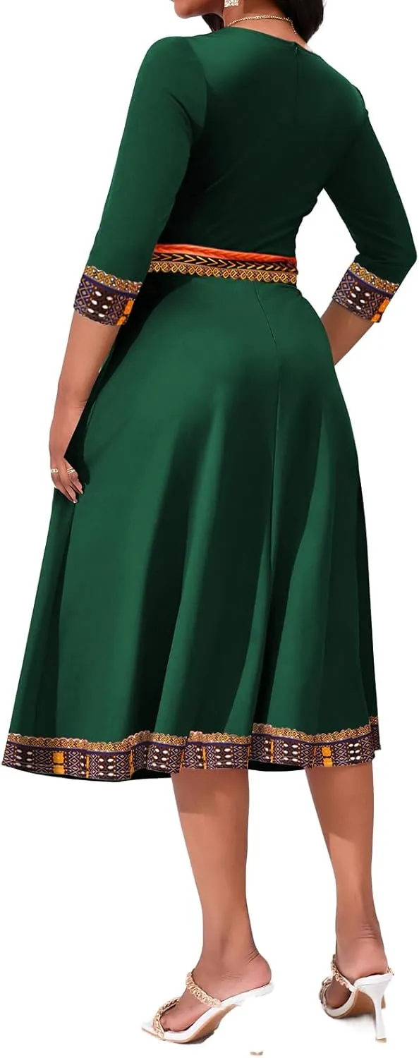 African Dresses for Women Elegant V Neck 3/4 Sleeve Casual Long Maxi African Attire Dress