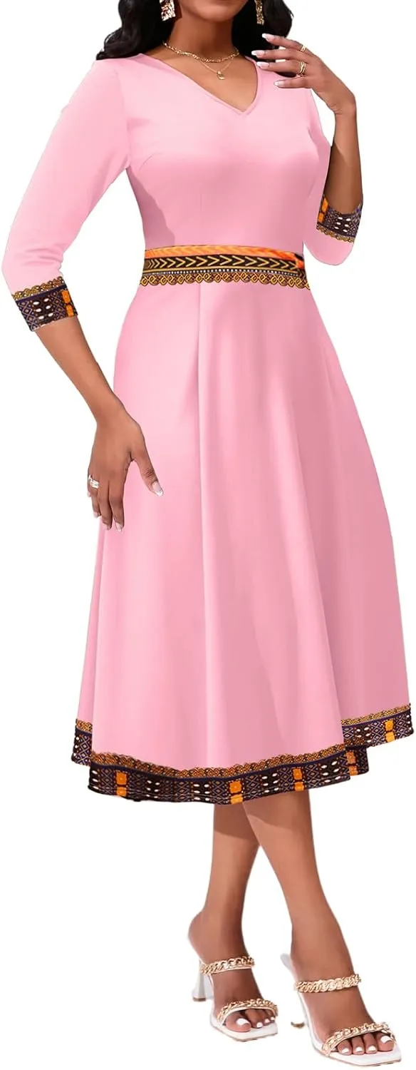 African Dresses for Women Elegant V Neck 3/4 Sleeve Casual Long Maxi African Attire Dress