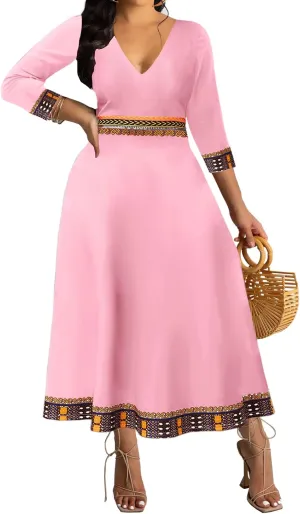 African Dresses for Women Elegant V Neck 3/4 Sleeve Casual Long Maxi African Attire Dress
