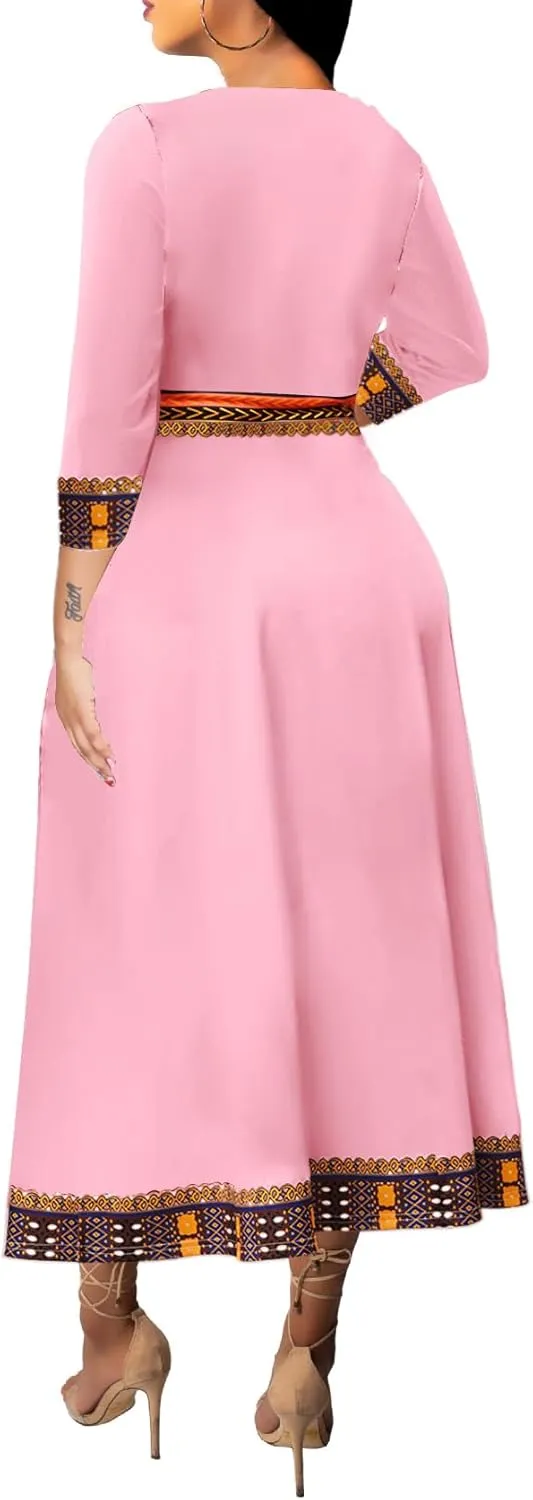 African Dresses for Women Elegant V Neck 3/4 Sleeve Casual Long Maxi African Attire Dress