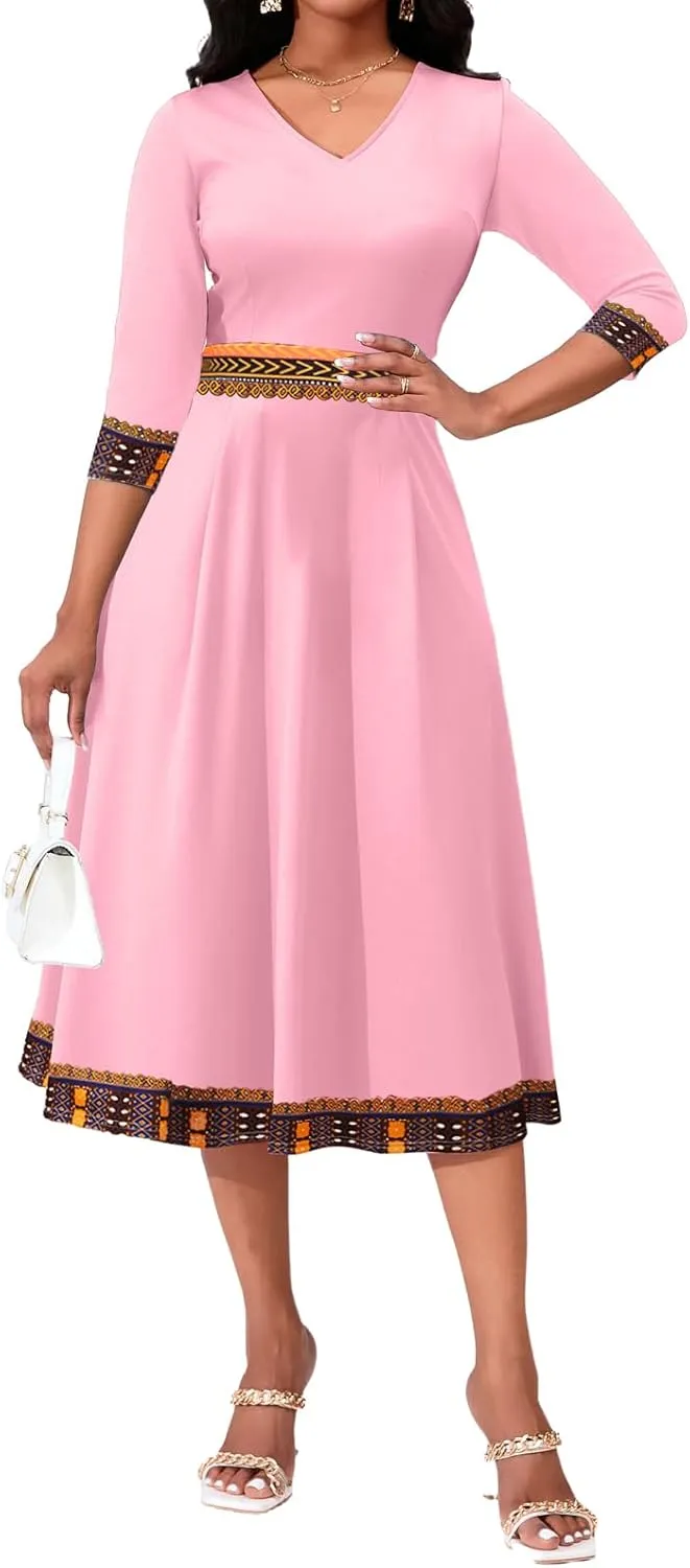 African Dresses for Women Elegant V Neck 3/4 Sleeve Casual Long Maxi African Attire Dress