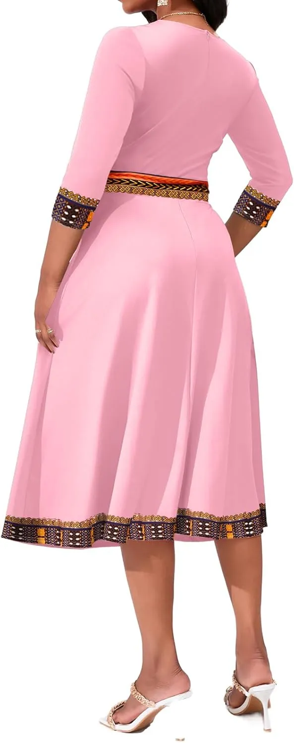 African Dresses for Women Elegant V Neck 3/4 Sleeve Casual Long Maxi African Attire Dress