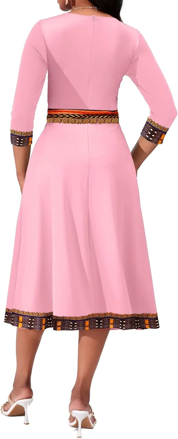 African Dresses for Women Elegant V Neck 3/4 Sleeve Casual Long Maxi African Attire Dress