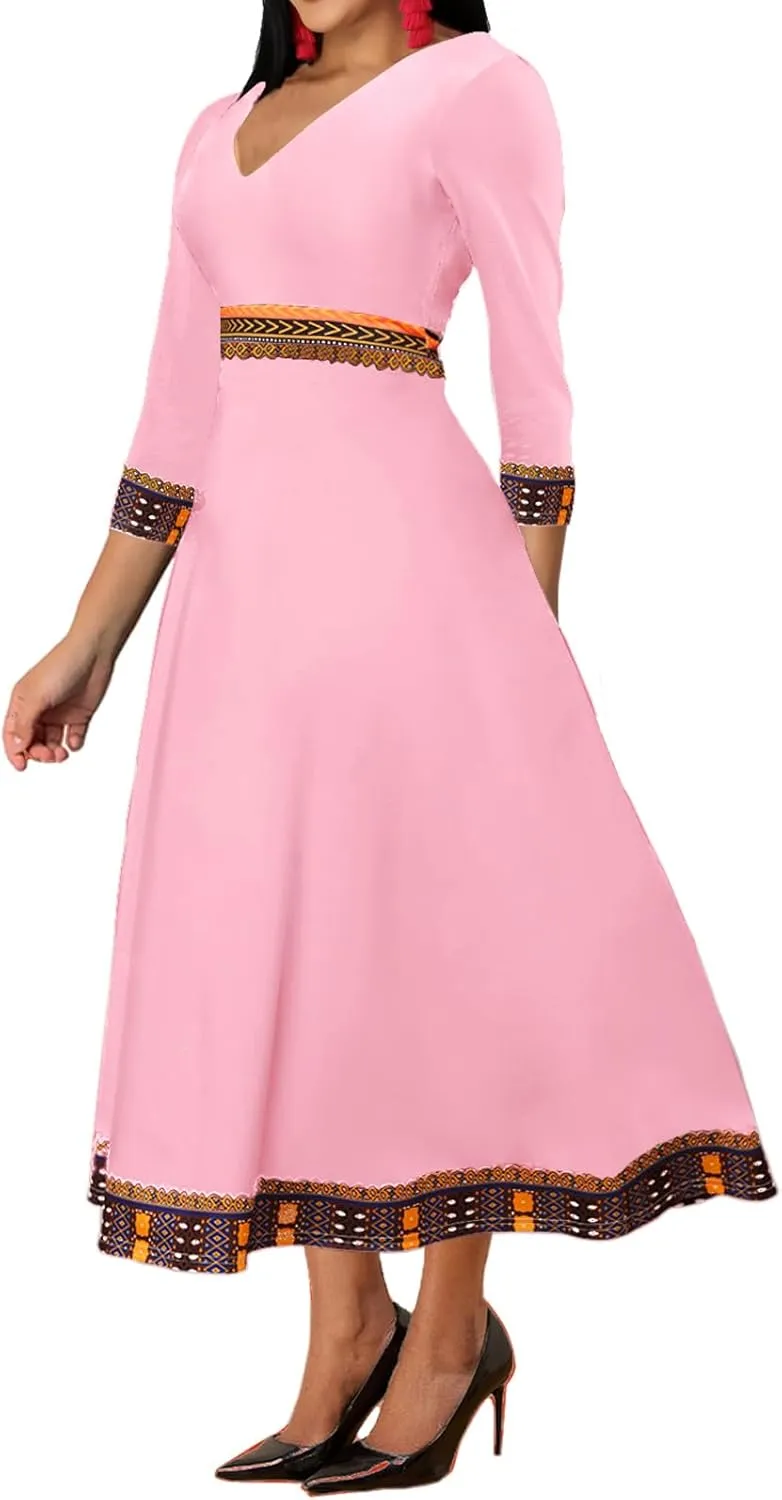African Dresses for Women Elegant V Neck 3/4 Sleeve Casual Long Maxi African Attire Dress