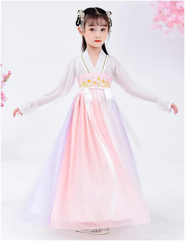 AINIFU Fairy Hanfu Dresses Chinese Style Princess Dresses Pink Performance Costumes with Chiffon Cloak for Girl 4-16 Years