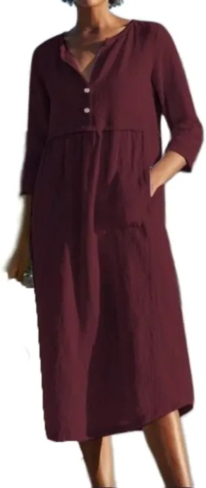 Akivide Womens Cotton Linen Casual Loose Midi Dress 3/4 Sleeve Flowy Beach Vacation Shirt Dresses with Pockets