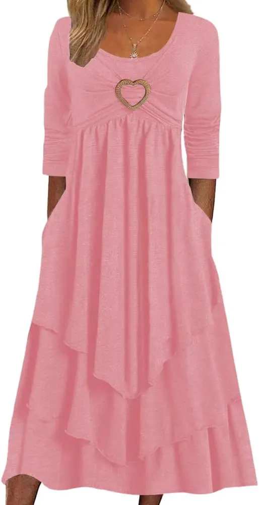 Akivide Womens Fall Dresses for Wedding Guest, Casual Plus Size Cute Heart Long Sleeve Tiered Maxi Dress with Pockets