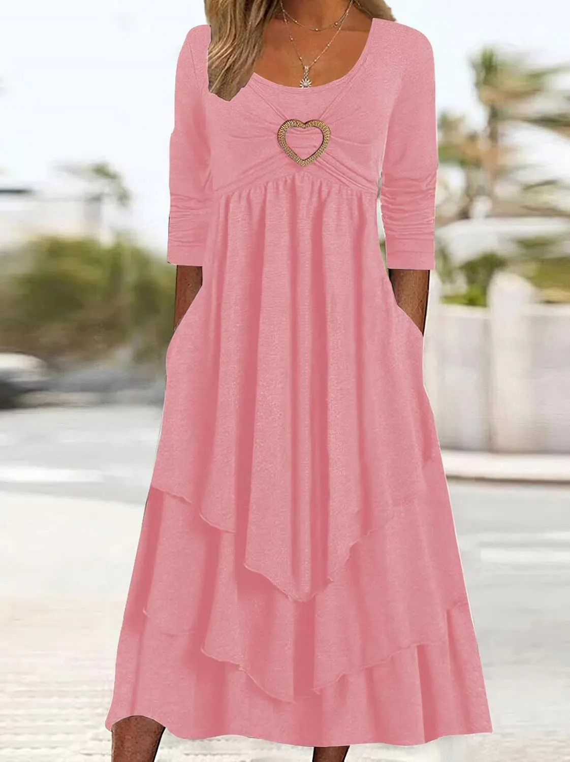 Akivide Womens Fall Dresses for Wedding Guest, Casual Plus Size Cute Heart Long Sleeve Tiered Maxi Dress with Pockets