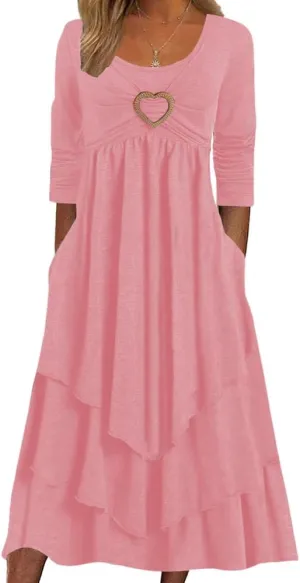 Akivide Womens Fall Dresses for Wedding Guest, Casual Plus Size Cute Heart Long Sleeve Tiered Maxi Dress with Pockets