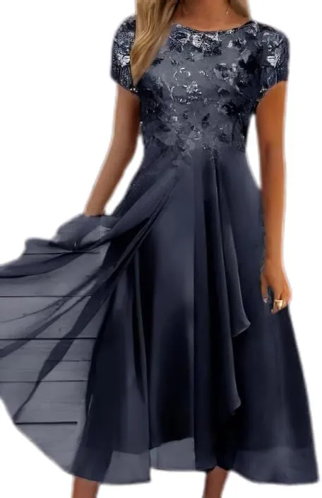 Akivide Women's Summer Chiffon Lace Maxi Dresses Short Sleeve Flowy Formal Evening Wedding Guest Dress