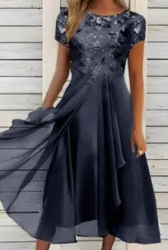 Akivide Women's Summer Chiffon Lace Maxi Dresses Short Sleeve Flowy Formal Evening Wedding Guest Dress