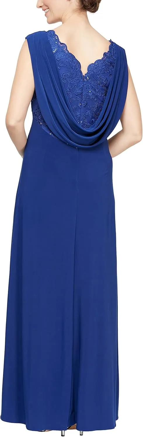 Alex Evenings Women's Long Cowl Back Mother of The Bride Dress, Formal Event, Wedding Guest Gown (Petite and Regular Sizes)
