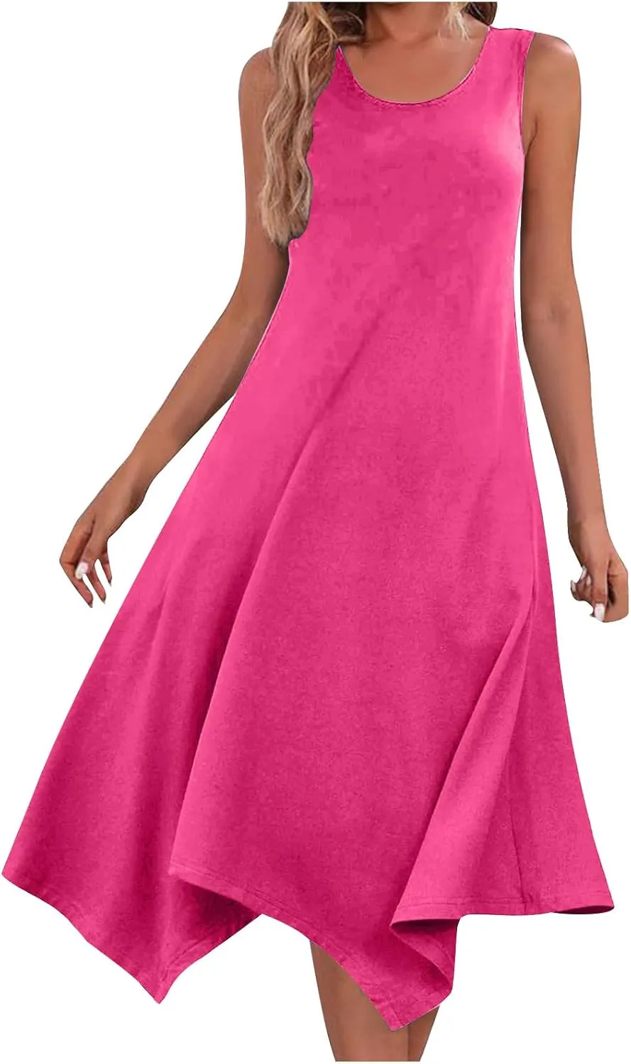 Amazon outlets Store Women's Hankerchief Hem Maxi Tank Dresses Summer Sleeveless Crew Neck Sundress Casual Ruffle A-Line Boho Dress Womens Dresses Hot Pink 2X