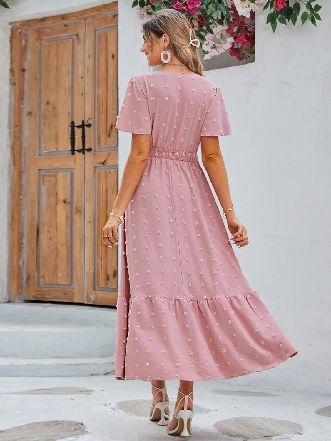Amegoya Women's Swiss Dot Fall Maxi Dress Long Flowy V Neck Empire Waist Dress Summer Boho Wedding Guest Dress with Pocket