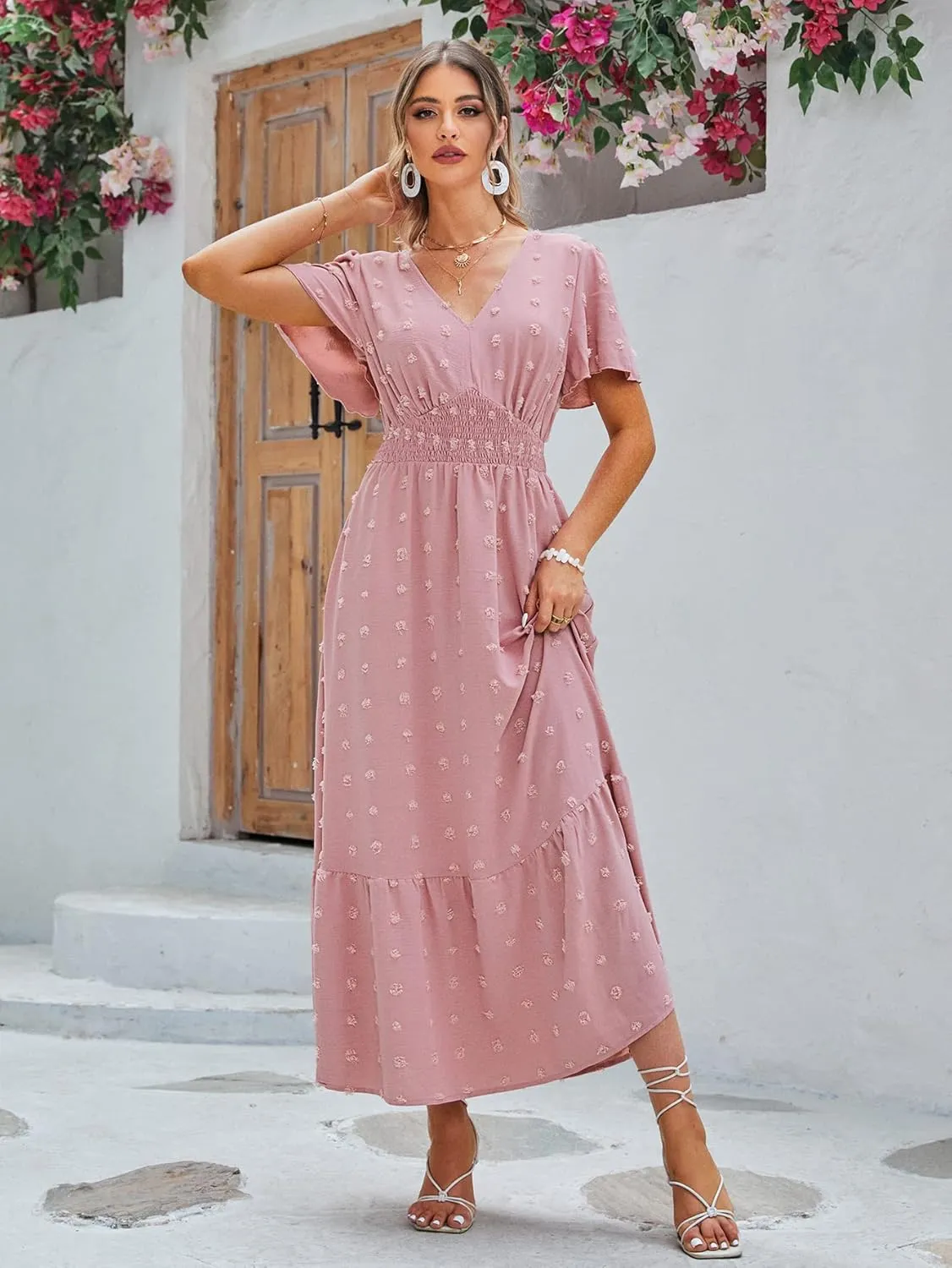 Amegoya Women's Swiss Dot Fall Maxi Dress Long Flowy V Neck Empire Waist Dress Summer Boho Wedding Guest Dress with Pocket
