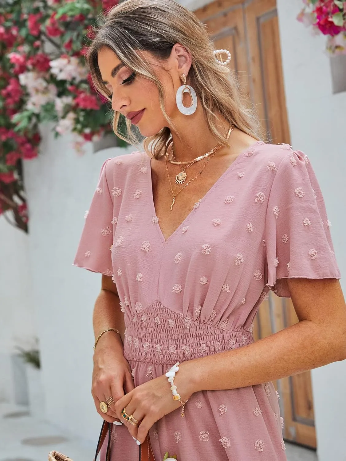 Amegoya Women's Swiss Dot Fall Maxi Dress Long Flowy V Neck Empire Waist Dress Summer Boho Wedding Guest Dress with Pocket