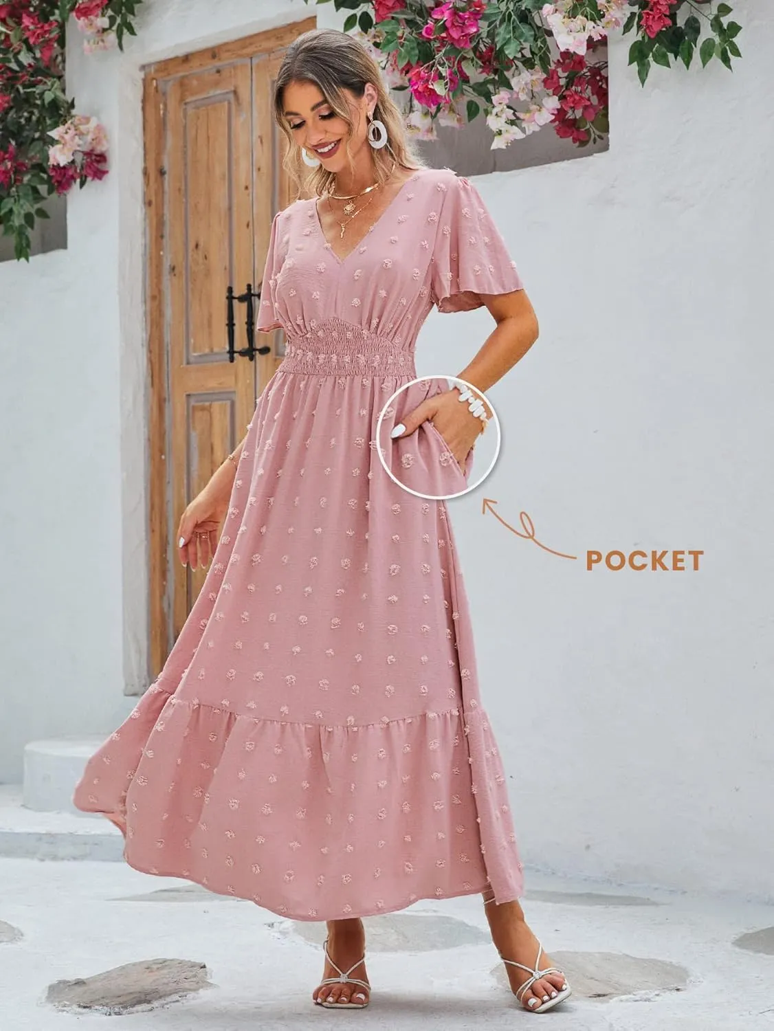Amegoya Women's Swiss Dot Fall Maxi Dress Long Flowy V Neck Empire Waist Dress Summer Boho Wedding Guest Dress with Pocket