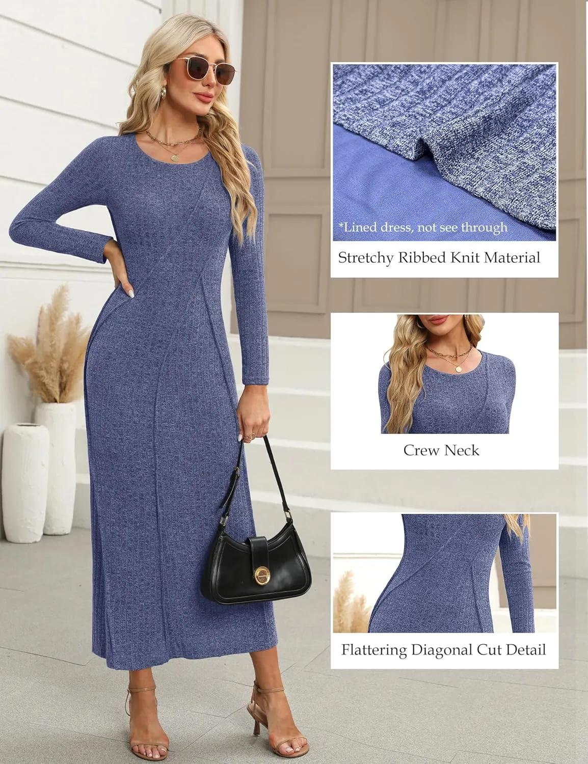 Annebouti Womens 2025 Spring Long Sleeve Ribbed Knit Sweater Maxi Dress Elegant Crew Neck Wedding Guest Long Dresses