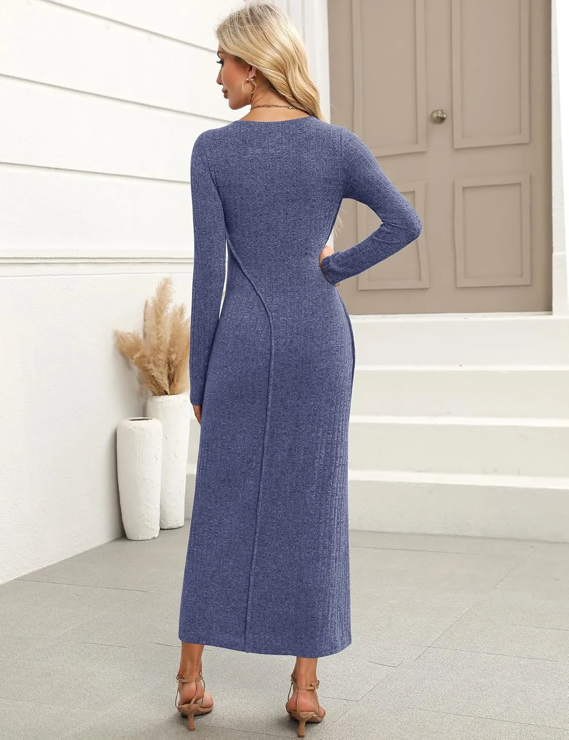 Annebouti Womens 2025 Spring Long Sleeve Ribbed Knit Sweater Maxi Dress Elegant Crew Neck Wedding Guest Long Dresses
