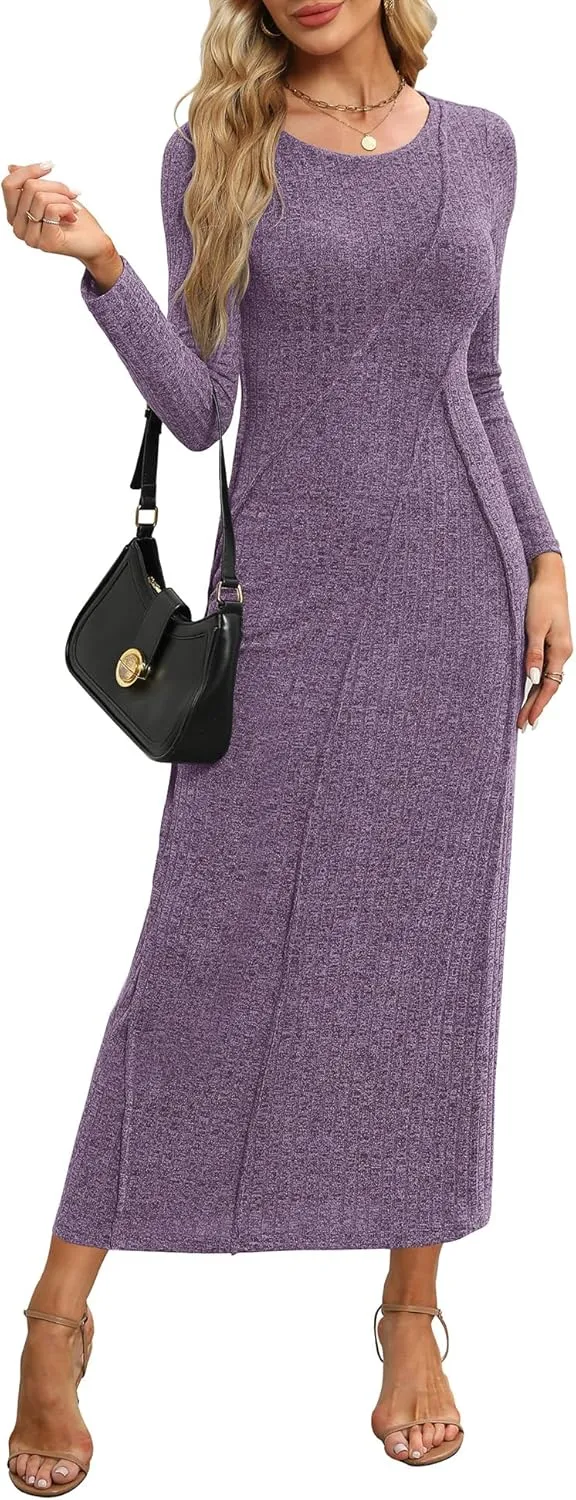Annebouti Womens 2025 Spring Long Sleeve Ribbed Knit Sweater Maxi Dress Elegant Crew Neck Wedding Guest Long Dresses
