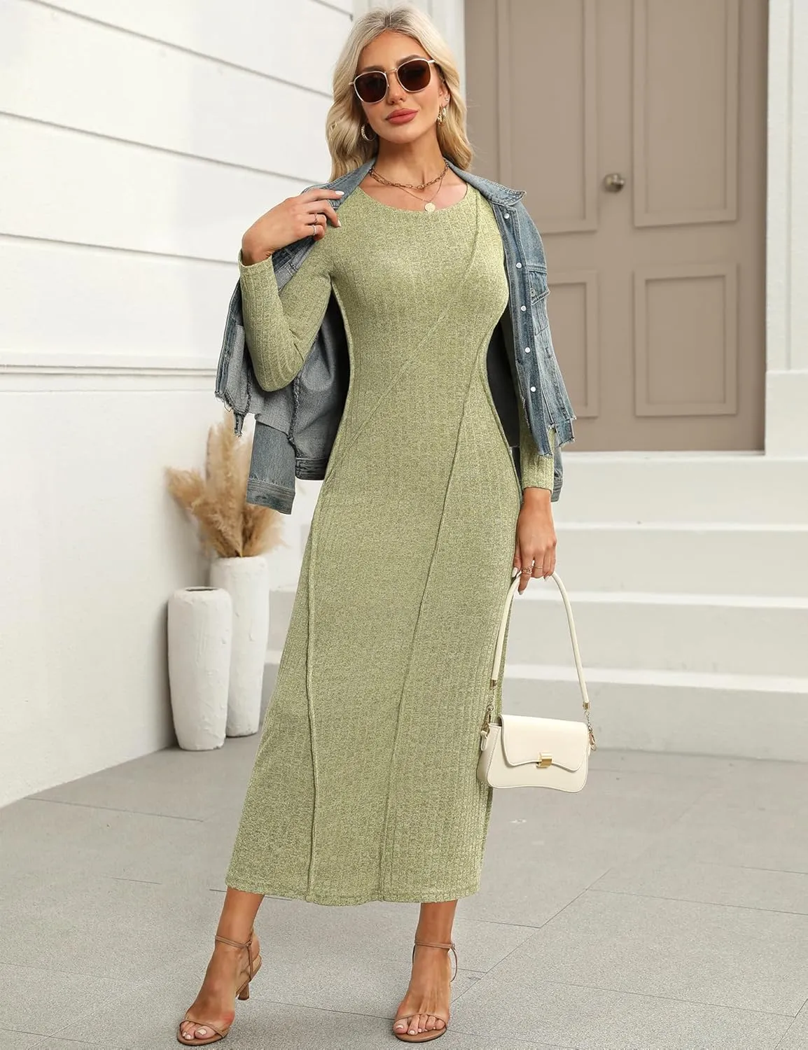 Annebouti Womens 2025 Spring Long Sleeve Ribbed Knit Sweater Maxi Dress Elegant Crew Neck Wedding Guest Long Dresses