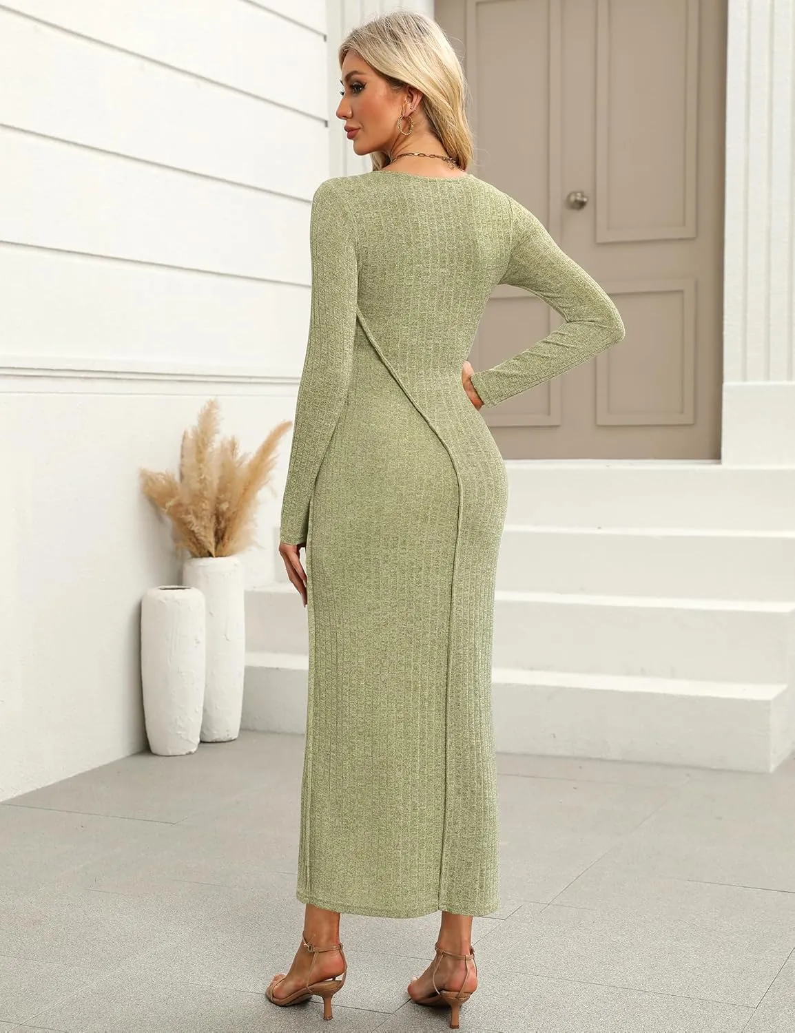 Annebouti Womens 2025 Spring Long Sleeve Ribbed Knit Sweater Maxi Dress Elegant Crew Neck Wedding Guest Long Dresses