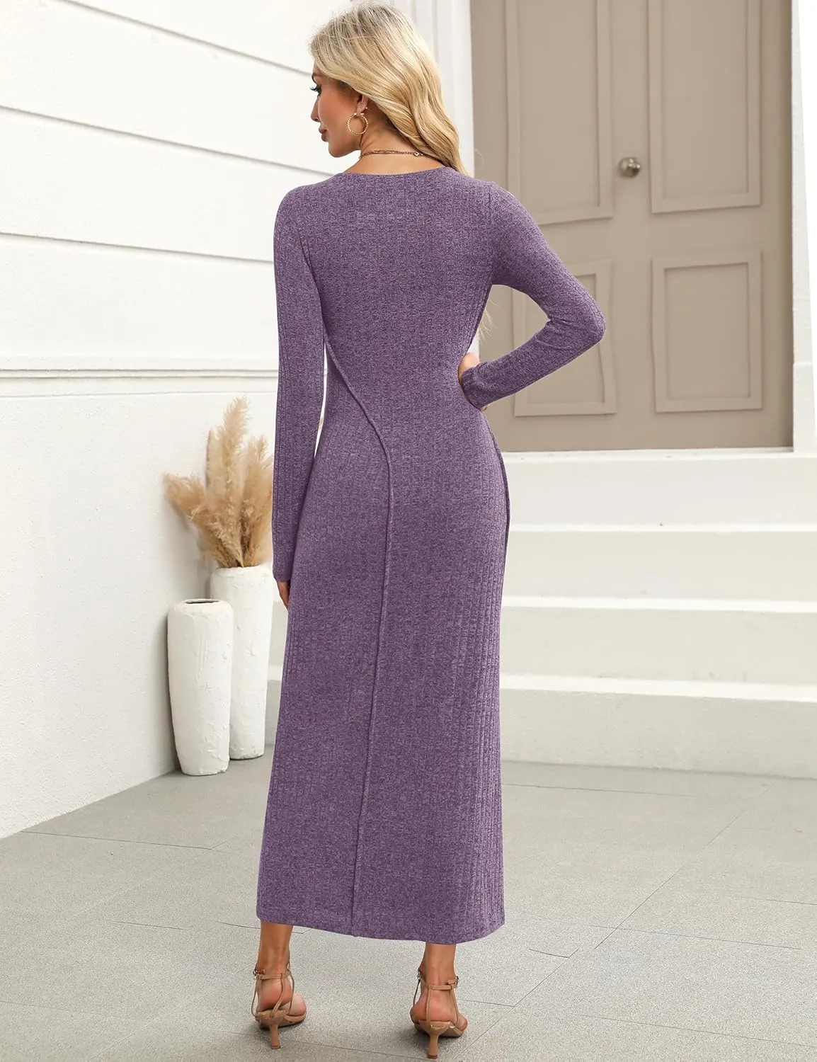 Annebouti Womens 2025 Spring Long Sleeve Ribbed Knit Sweater Maxi Dress Elegant Crew Neck Wedding Guest Long Dresses