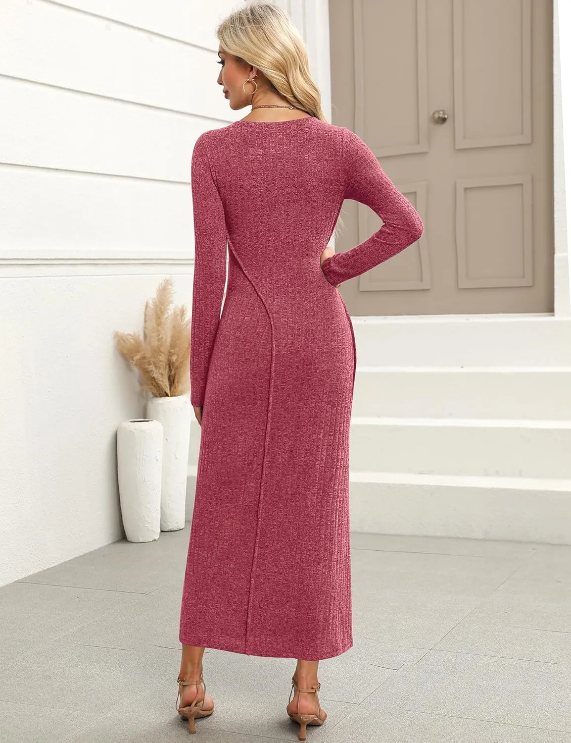 Annebouti Womens 2025 Spring Long Sleeve Ribbed Knit Sweater Maxi Dress Elegant Crew Neck Wedding Guest Long Dresses