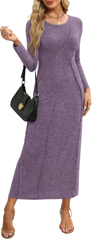 Annebouti Womens 2025 Spring Long Sleeve Ribbed Knit Sweater Maxi Dress Elegant Crew Neck Wedding Guest Long Dresses