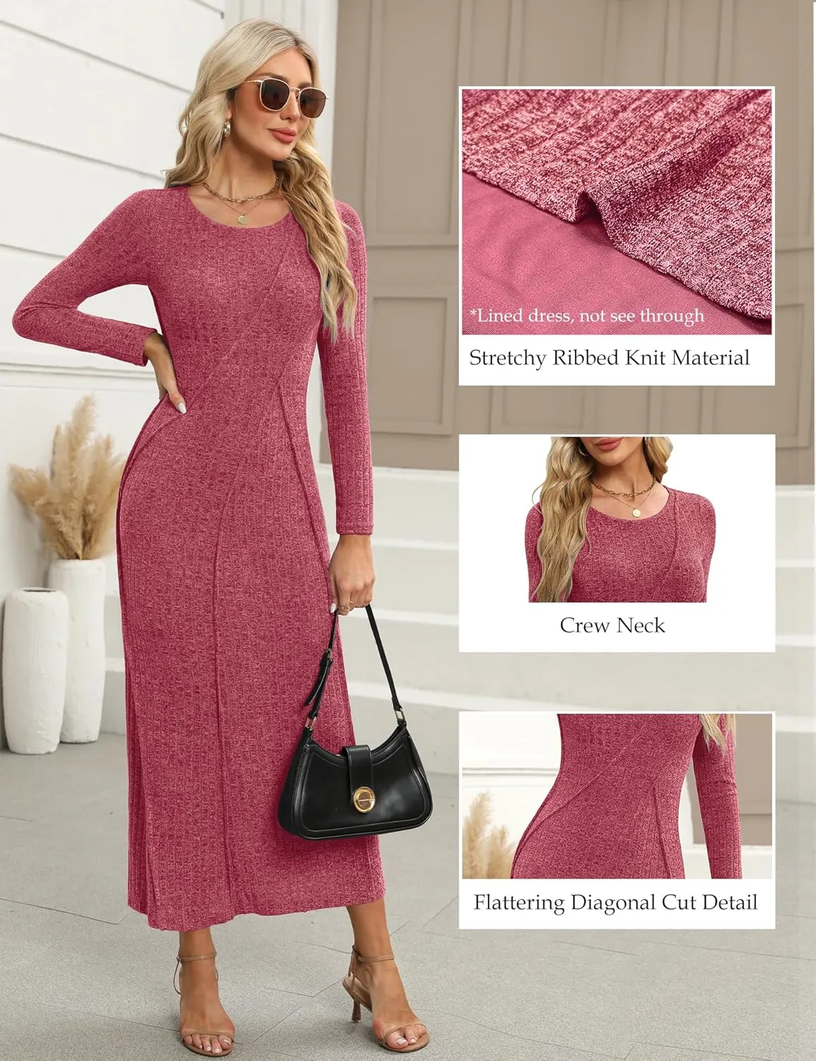 Annebouti Womens 2025 Spring Long Sleeve Ribbed Knit Sweater Maxi Dress Elegant Crew Neck Wedding Guest Long Dresses
