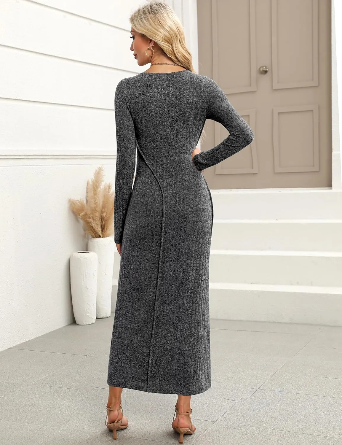 Annebouti Womens 2025 Spring Long Sleeve Ribbed Knit Sweater Maxi Dress Elegant Crew Neck Wedding Guest Long Dresses