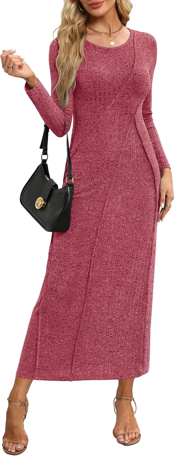 Annebouti Womens 2025 Spring Long Sleeve Ribbed Knit Sweater Maxi Dress Elegant Crew Neck Wedding Guest Long Dresses