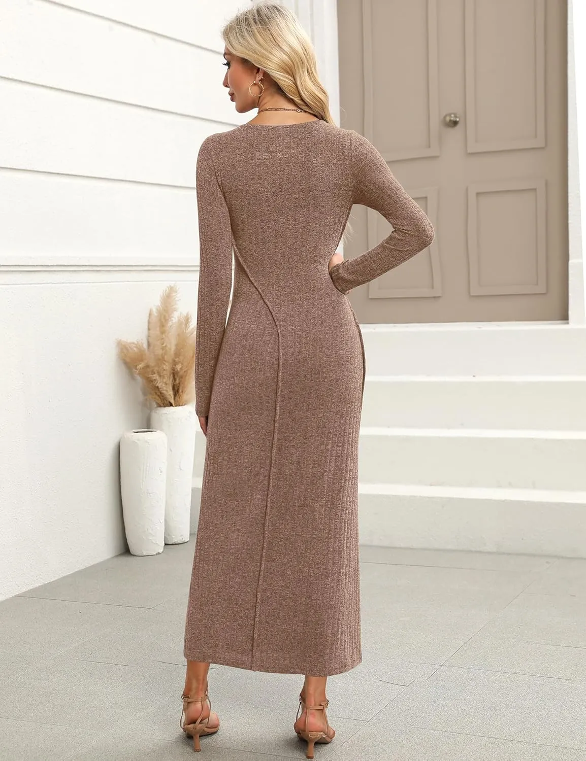 Annebouti Womens 2025 Spring Long Sleeve Ribbed Knit Sweater Maxi Dress Elegant Crew Neck Wedding Guest Long Dresses