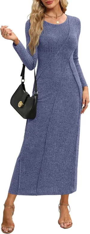 Annebouti Womens 2025 Spring Long Sleeve Ribbed Knit Sweater Maxi Dress Elegant Crew Neck Wedding Guest Long Dresses