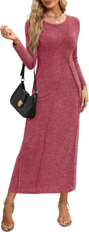Annebouti Womens 2025 Spring Long Sleeve Ribbed Knit Sweater Maxi Dress Elegant Crew Neck Wedding Guest Long Dresses