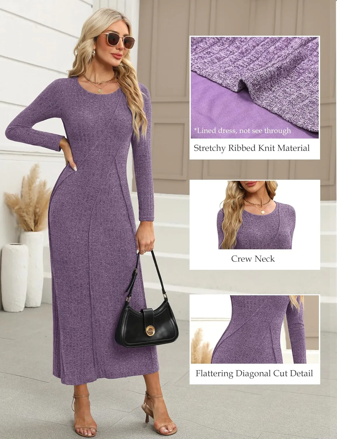 Annebouti Womens 2025 Spring Long Sleeve Ribbed Knit Sweater Maxi Dress Elegant Crew Neck Wedding Guest Long Dresses