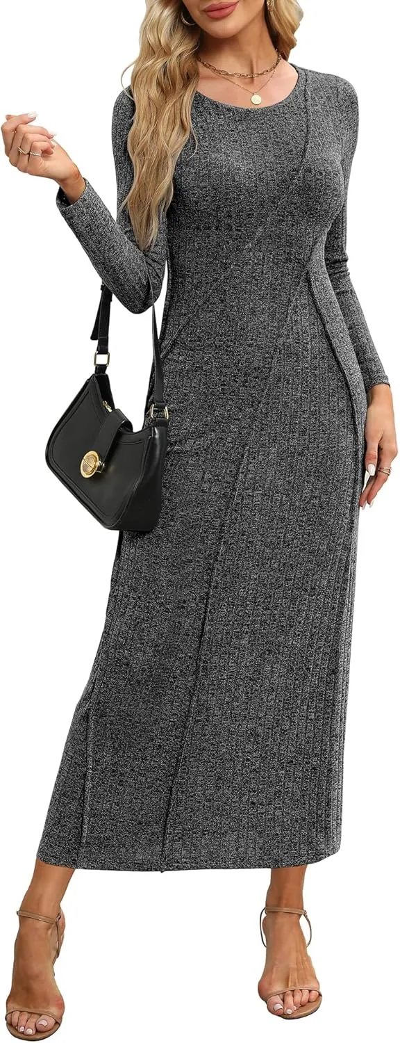 Annebouti Womens 2025 Spring Long Sleeve Ribbed Knit Sweater Maxi Dress Elegant Crew Neck Wedding Guest Long Dresses