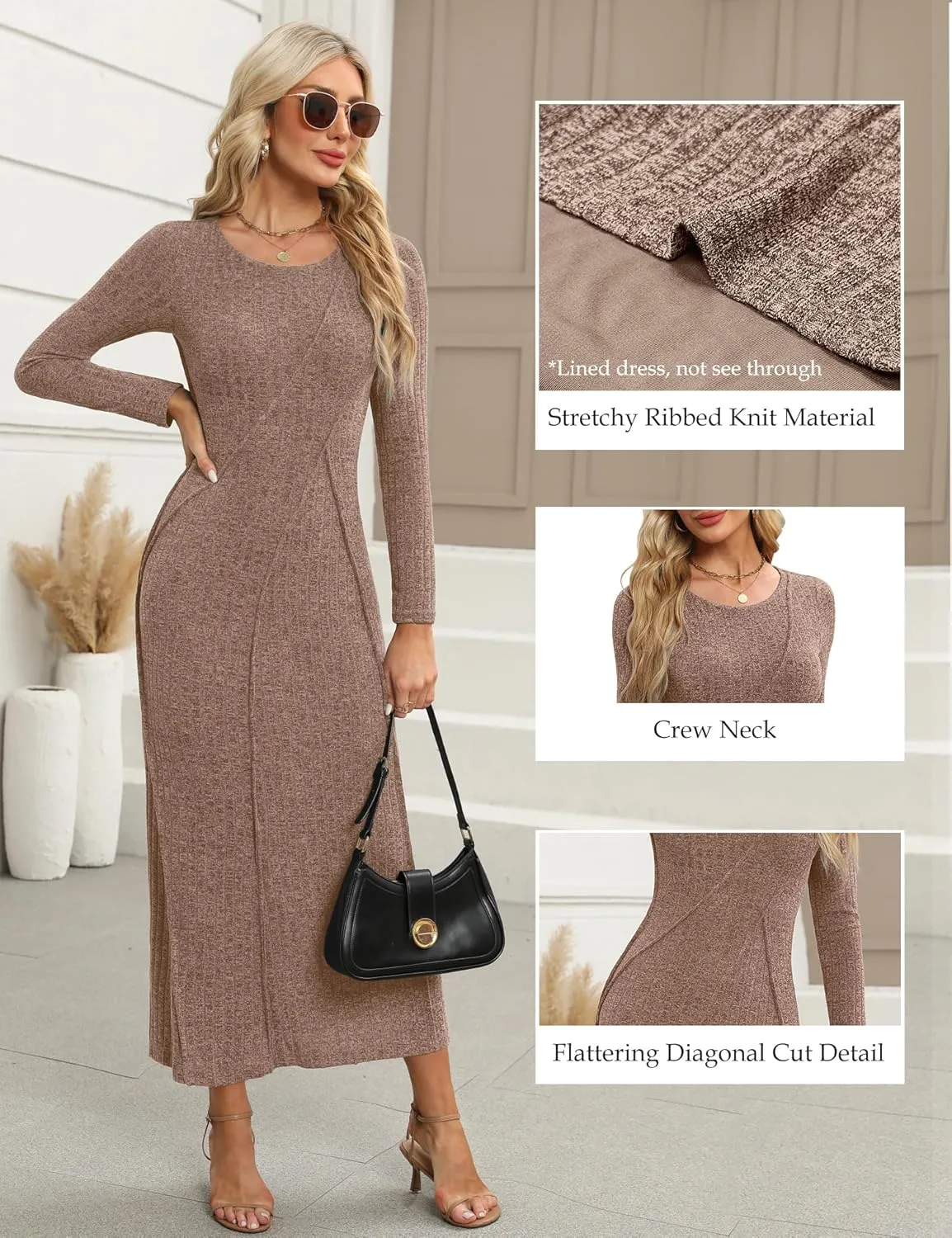 Annebouti Womens 2025 Spring Long Sleeve Ribbed Knit Sweater Maxi Dress Elegant Crew Neck Wedding Guest Long Dresses