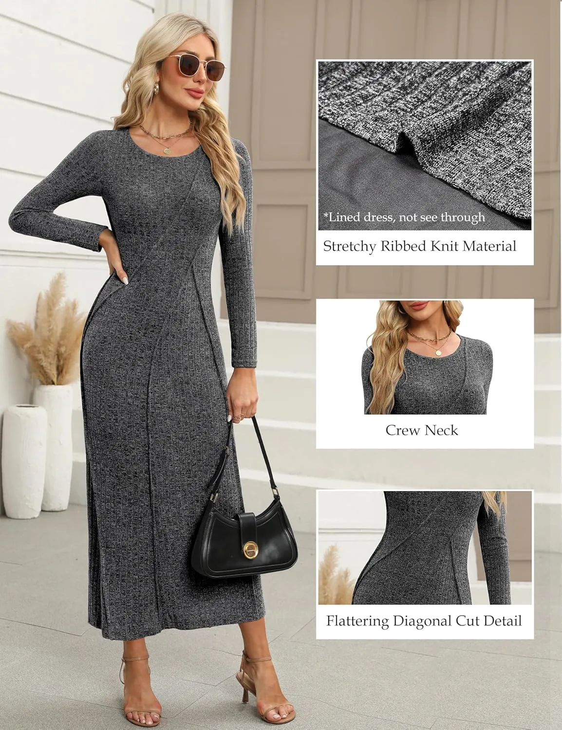 Annebouti Womens 2025 Spring Long Sleeve Ribbed Knit Sweater Maxi Dress Elegant Crew Neck Wedding Guest Long Dresses