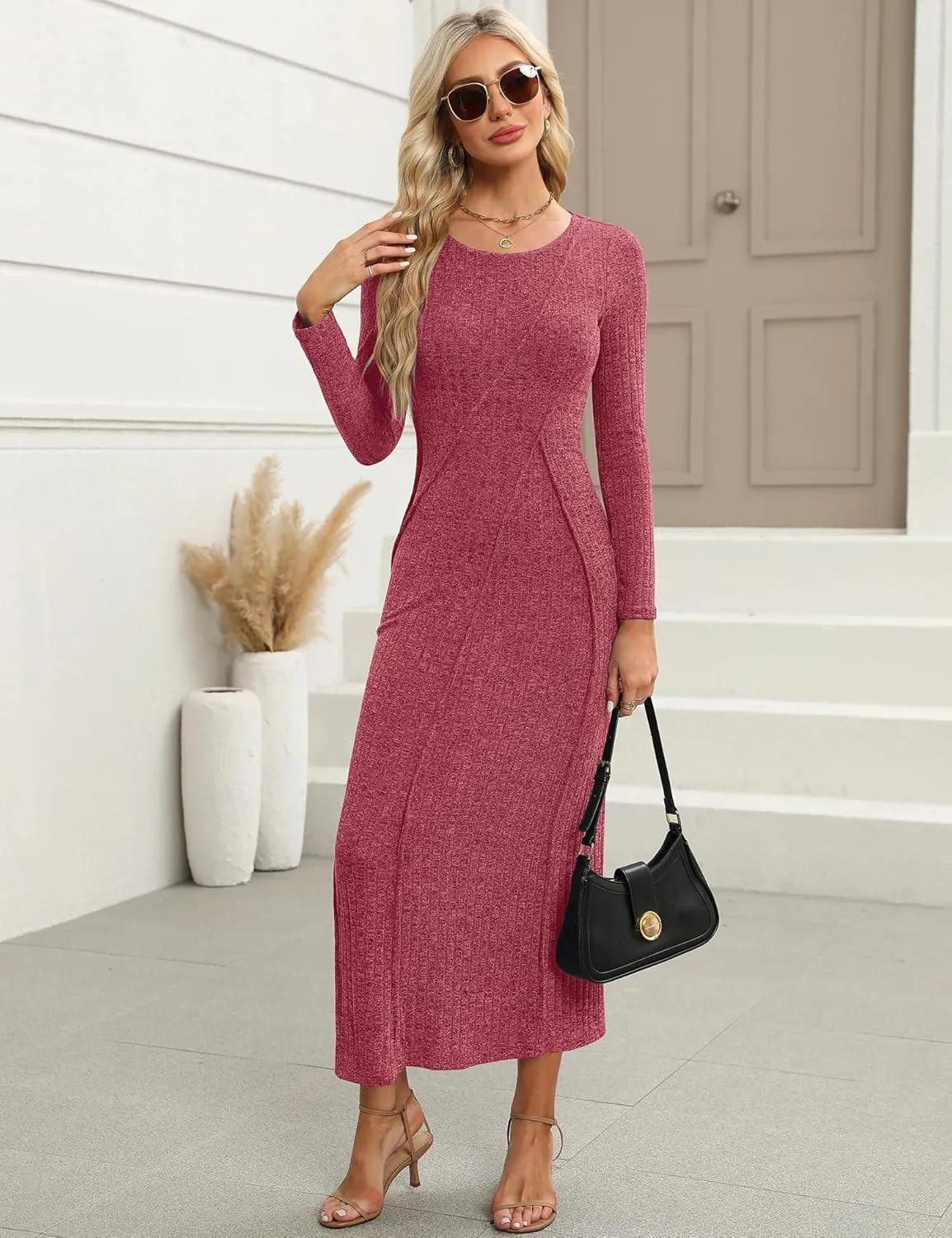 Annebouti Womens 2025 Spring Long Sleeve Ribbed Knit Sweater Maxi Dress Elegant Crew Neck Wedding Guest Long Dresses