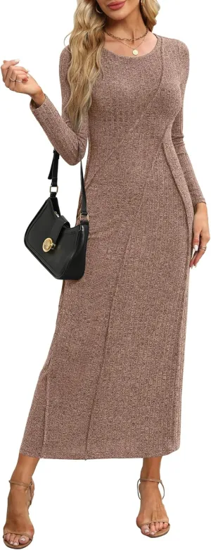 Annebouti Womens 2025 Spring Long Sleeve Ribbed Knit Sweater Maxi Dress Elegant Crew Neck Wedding Guest Long Dresses